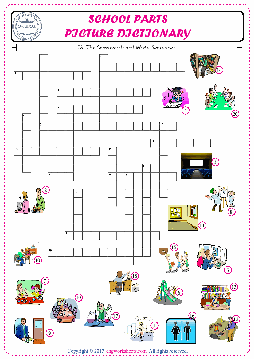 ESL printable worksheet for kids, supply the missing words of the crossword by using the School Parts picture. 